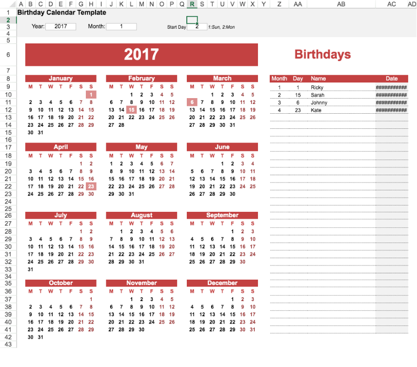 Yearly Birthday Calendar Template Excel Template