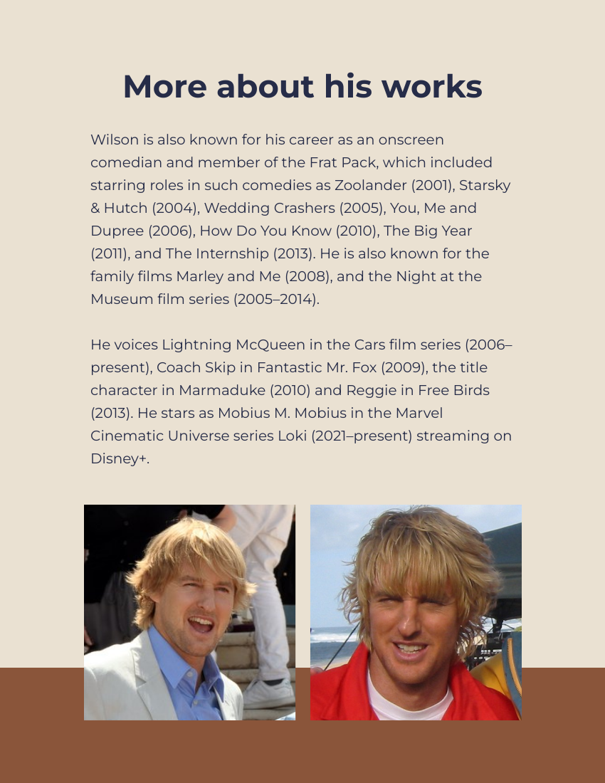 Biography template: Owen Wilson Biography (Created by Visual Paradigm Online's Biography maker)