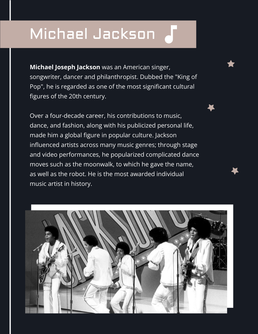 Biography template: Michael Jackson Biography (Created by Visual Paradigm Online's Biography maker)