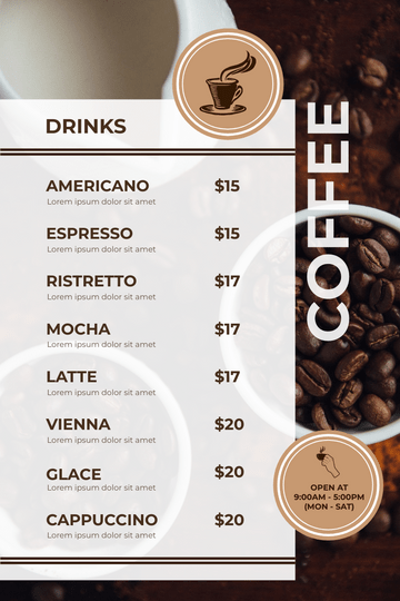 Menu template: Brown Coffee Bean Background Café Menu (Created by Visual Paradigm Online's Menu maker)