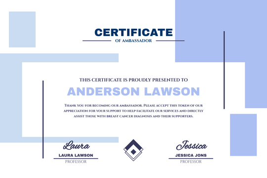 Editable certificates template:Blue Ambassador Certificate