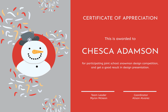 Grey And Red Snowman Cartoon Certificate