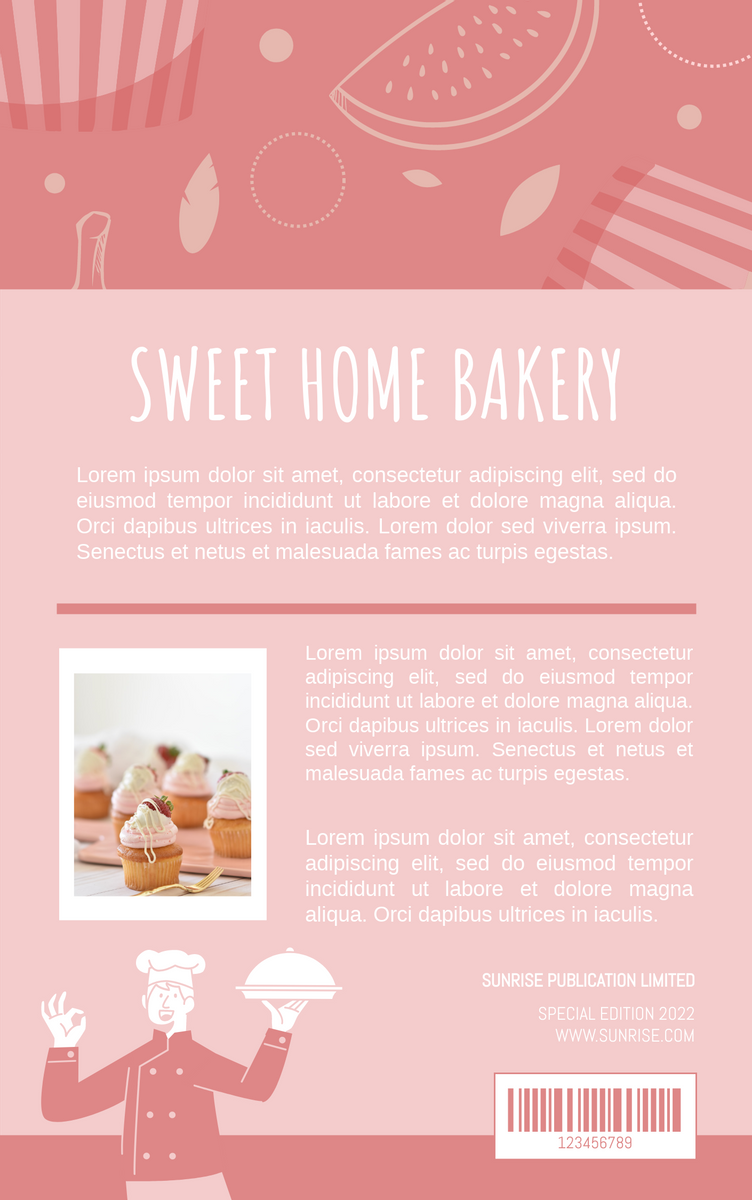 Book Cover template: Sweet Bakery Recipe Book Cover (Created by Visual Paradigm Online's Book Cover maker)