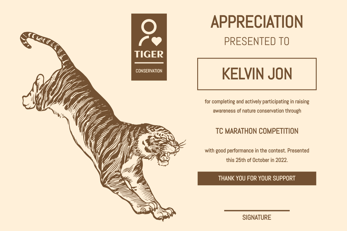 Certificate template: Beige Tiger Conservation Certificate (Created by Visual Paradigm Online's Certificate maker)