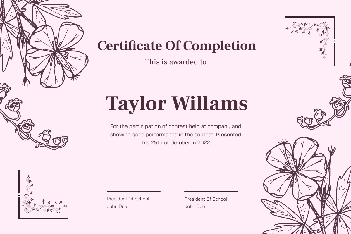 Simple Pink Floral Silhouette Certificate
