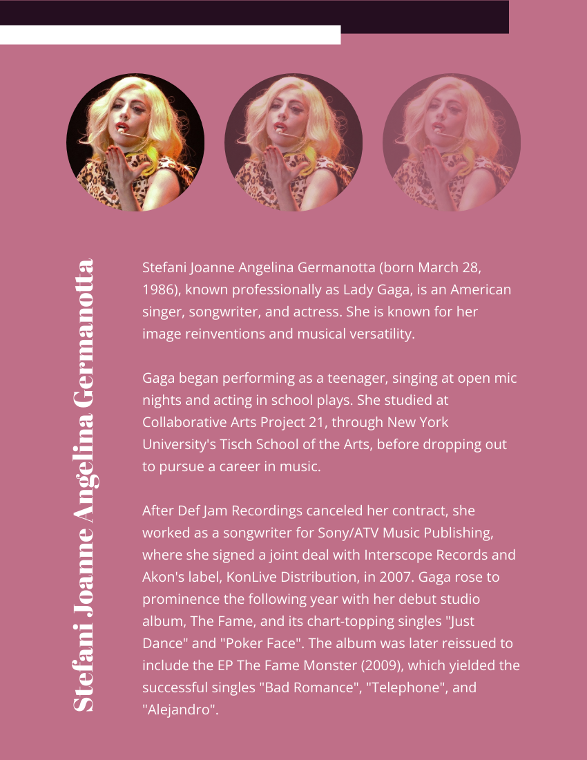 Biography template: Lady Gaga Biography (Created by Visual Paradigm Online's Biography maker)