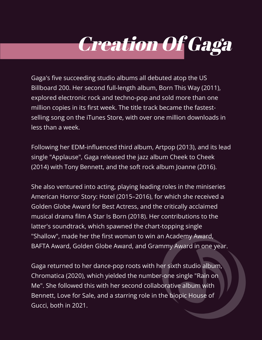 Biography template: Lady Gaga Biography (Created by Visual Paradigm Online's Biography maker)