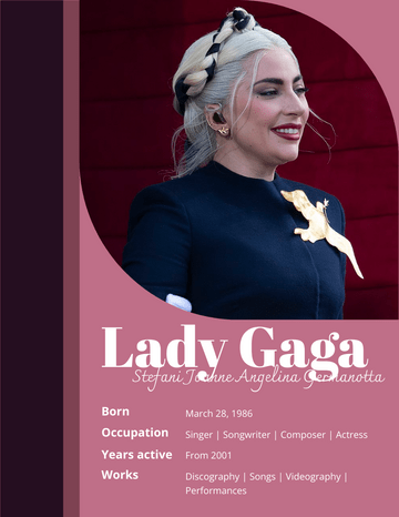 Biography 模板。 Lady Gaga Biography (由 Visual Paradigm Online 的Biography軟件製作)