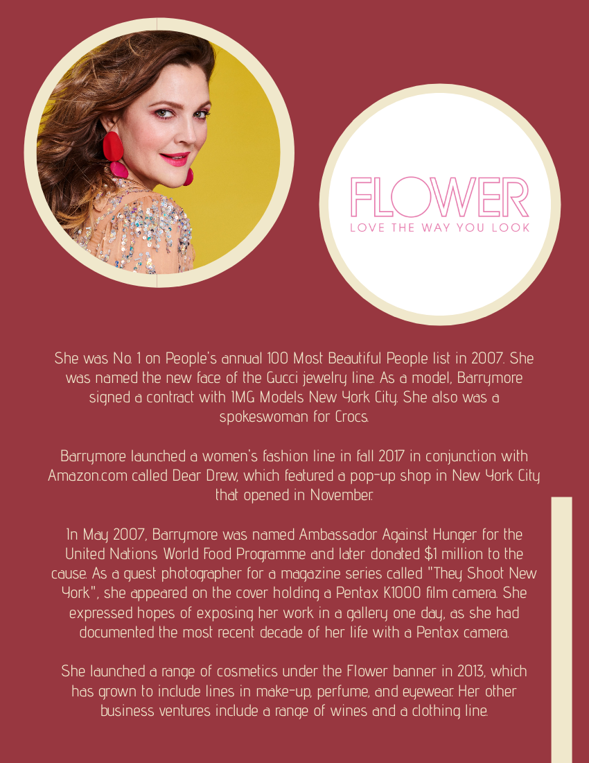 Biography template: Drew Barrymore Biography (Created by Visual Paradigm Online's Biography maker)