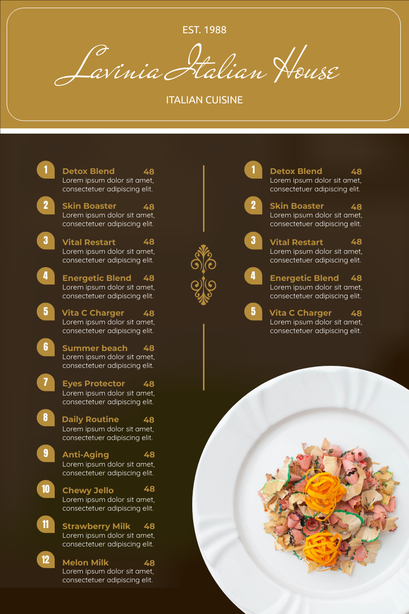Menu template: Brown And Gold Food Photo Italian Food Menu (Created by Visual Paradigm Online's Menu maker)