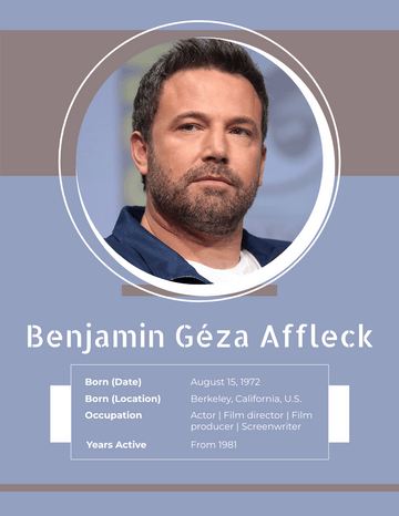 Biography 模板。Benjamin Géza Affleck Biography (由 Visual Paradigm Online 的Biography软件制作)