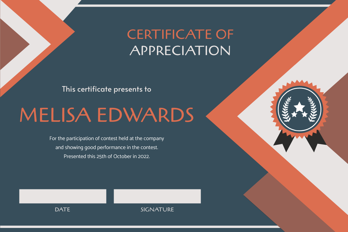 Certificate template: Orange And Blue Triangle Patterns Appreciation Certificate (Created by InfoART's Certificate maker)
