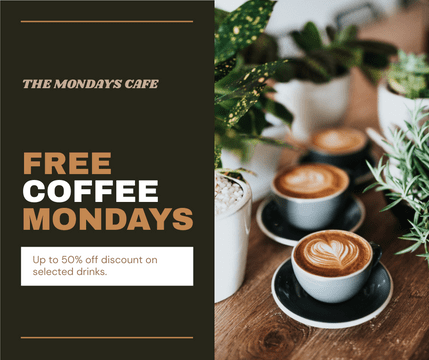 Facebook Post template: Free Coffee Mondays Cafe Facebook Post (Created by Visual Paradigm Online's Facebook Post maker)