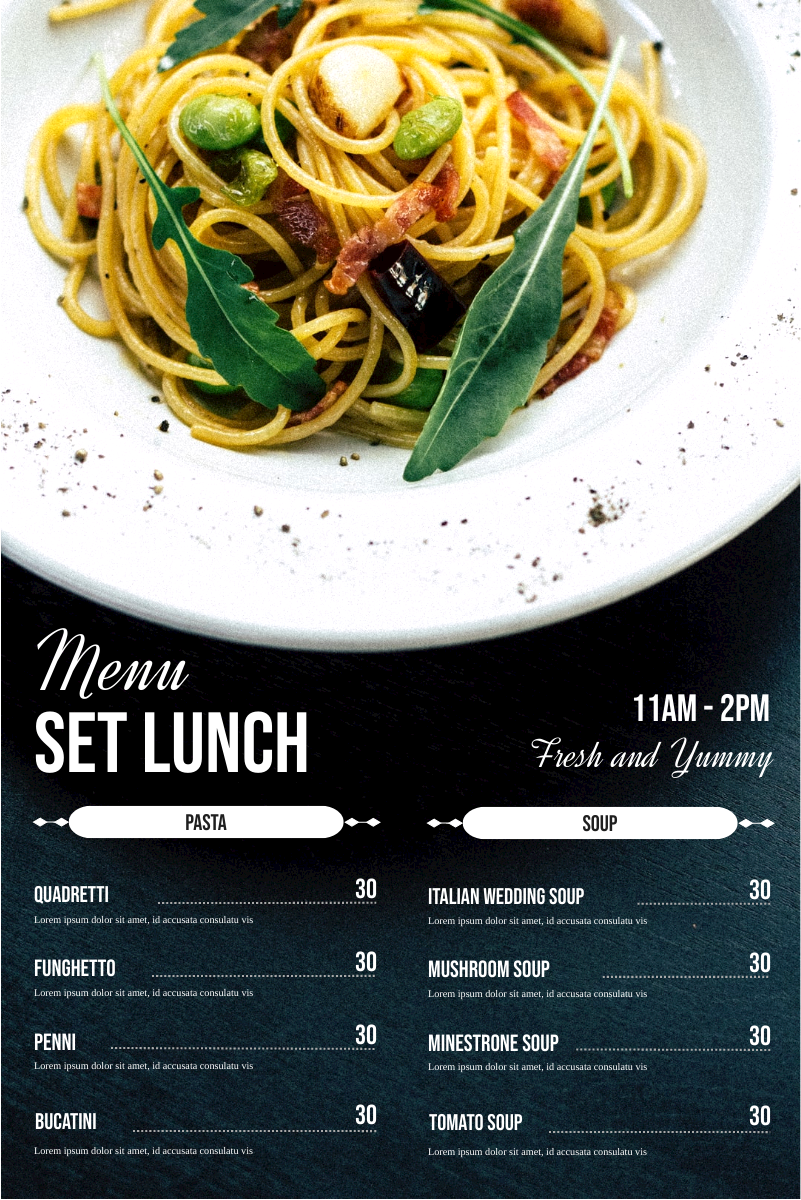 Menu template: Set Lunch Pasta Menu (Created by Visual Paradigm Online's Menu maker)
