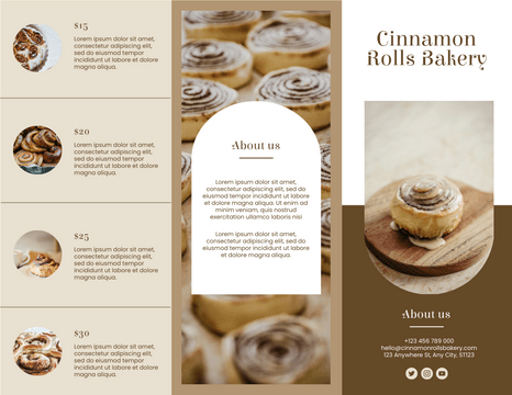 Brochure template: Cinnamon Rolls Bakery Brochure (Created by Visual Paradigm Online's Brochure maker)