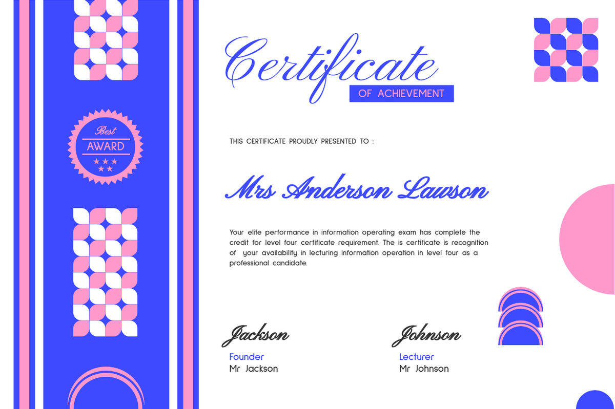 Certificate template: Best Award Certificate Of Achievement (Created by Visual Paradigm Online's Certificate maker)