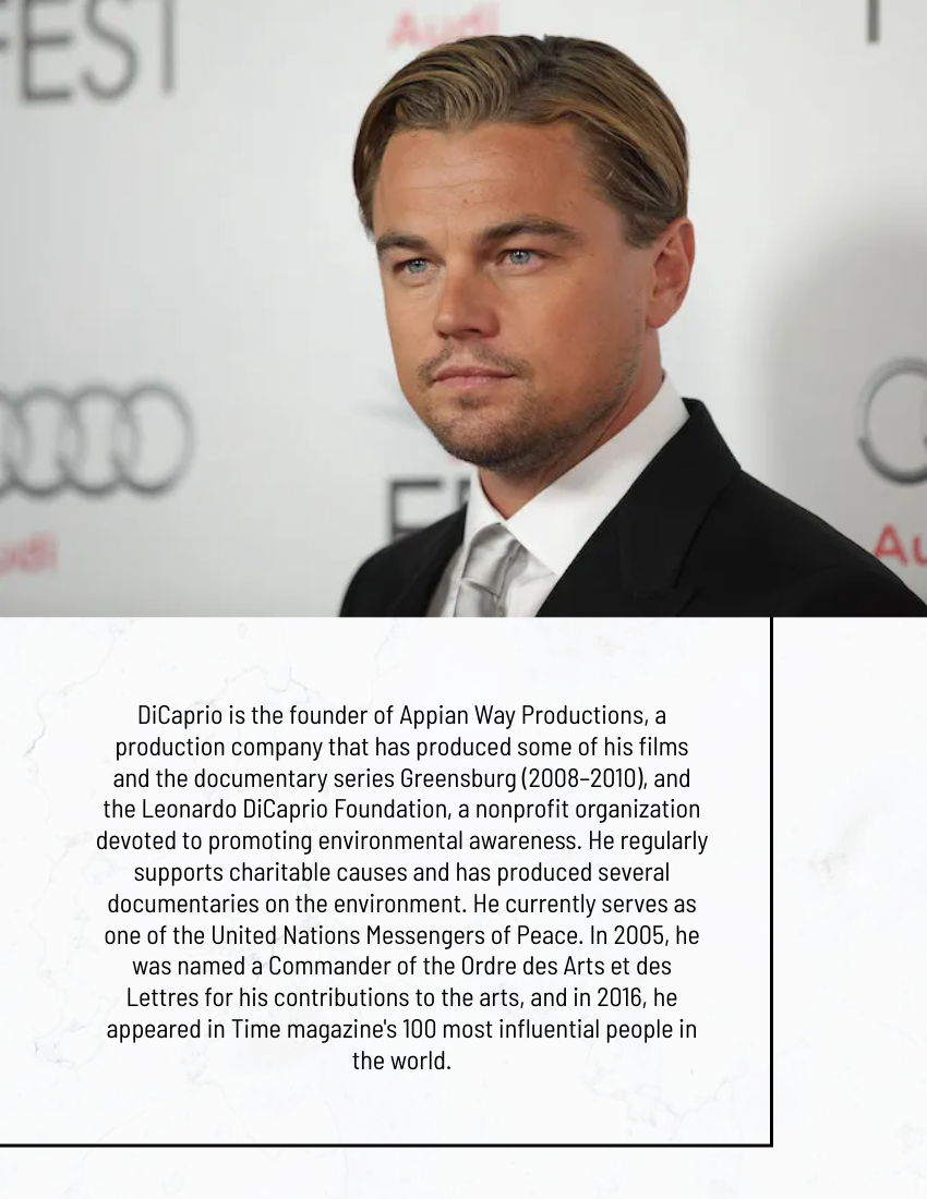 Biography template: Leonardo DiCaprio Biography (Created by Visual Paradigm Online's Biography maker)