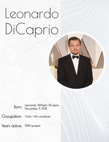 Biography 模板。Leonardo DiCaprio Biography (由 Visual Paradigm Online 的Biography软件制作)