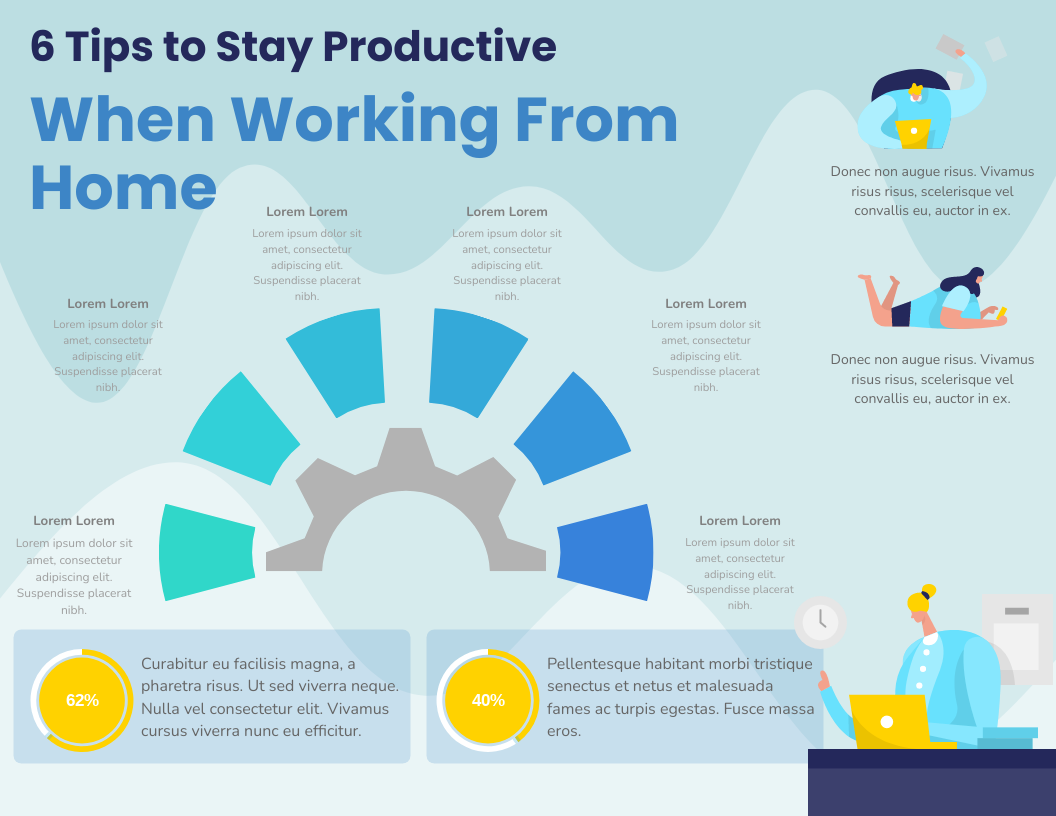 Infographic template: 6 Tips to stay productive when working from home horizontal Infographic (Created by Visual Paradigm Online's Infographic maker)