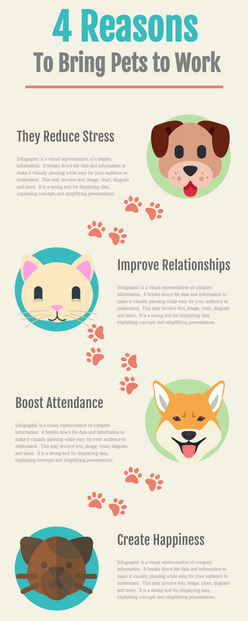 Infographic template: 4 Reasons To Bring Pets to Work Infographic (Created by Visual Paradigm Online's Infographic maker)
