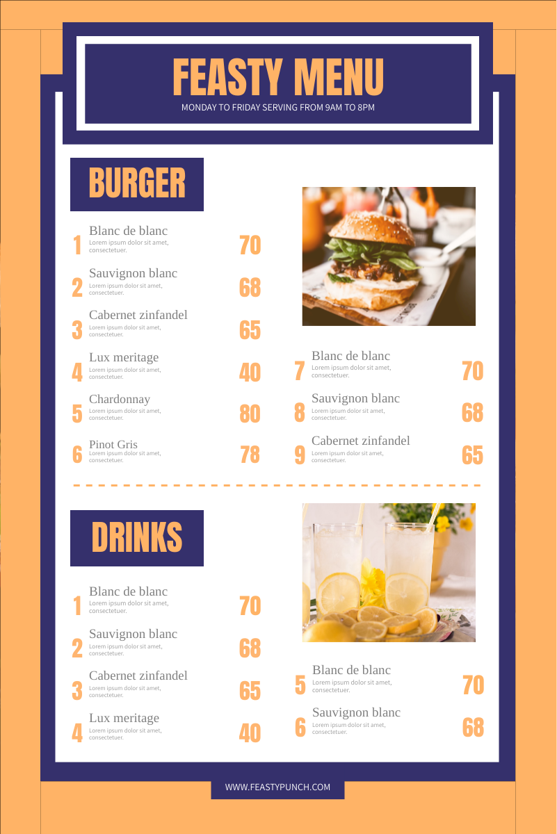 Menu template: Blue And Yellow Burger Menu (Created by Visual Paradigm Online's Menu maker)