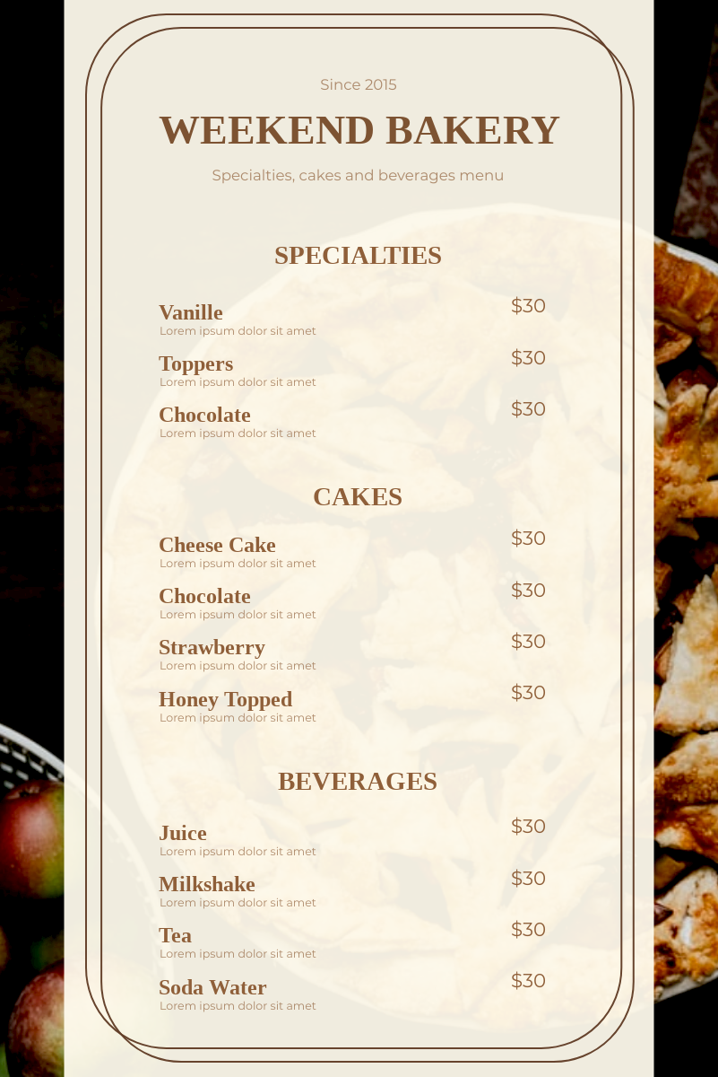 Menu template: Brown Cake Photo Bakery Menu (Created by Visual Paradigm Online's Menu maker)