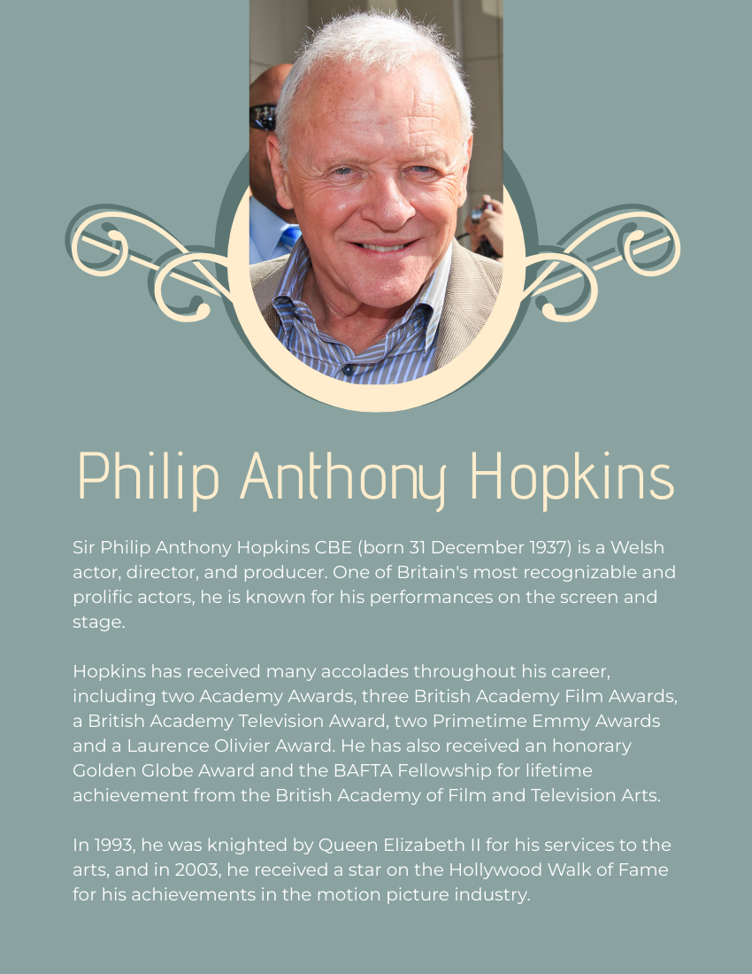 Biography template: Anthony Hopkins Biography (Created by Visual Paradigm Online's Biography maker)