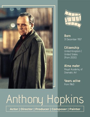 Biography 模板。 Anthony Hopkins Biography (由 Visual Paradigm Online 的Biography軟件製作)
