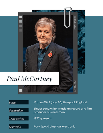 Biography 模板。Paul McCartney Biography (由 Visual Paradigm Online 的Biography软件制作)