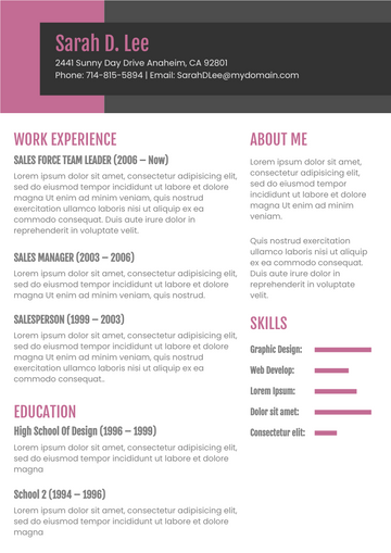 Resume template: Dark Pink Theme Resume (Created by Visual Paradigm Online's Resume maker)