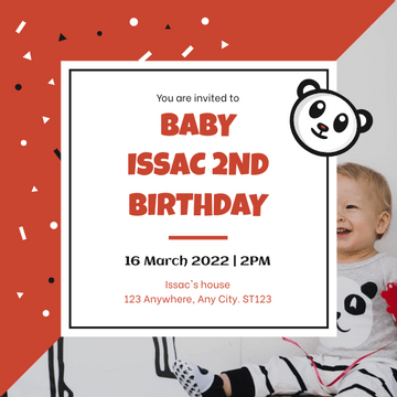 Editable invitations template:Red And Black Panda Cartoon Baby Birthday Invitation