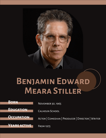 Biography template: Benjamin Edward Meara Stiller Biography (Created by Visual Paradigm Online's Biography maker)