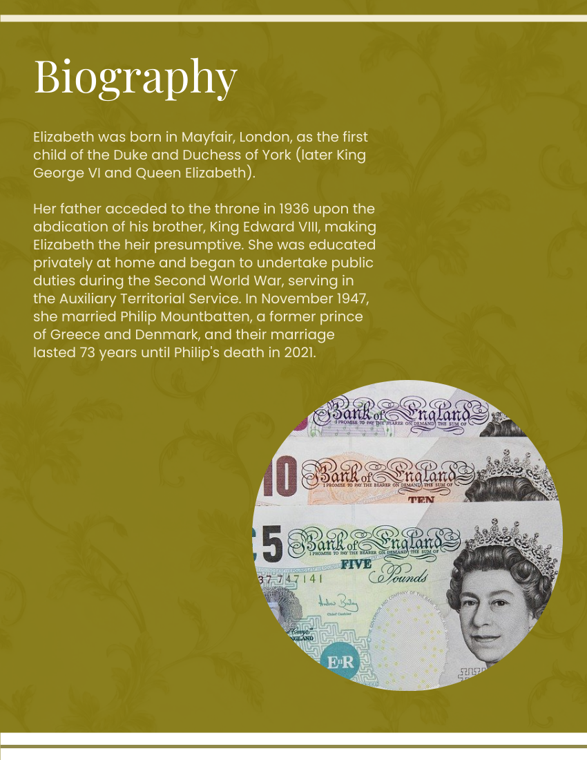 Biography template: Queen Elizabeth II Biography (Created by Visual Paradigm Online's Biography maker)