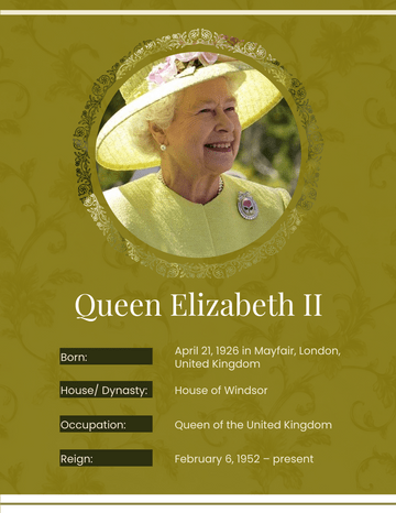 Biography 模板。Queen Elizabeth II Biography (由 Visual Paradigm Online 的Biography软件制作)