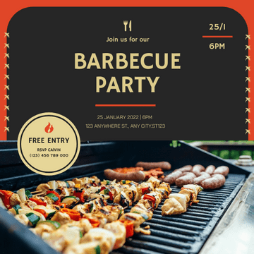 Editable invitations template:Black With Red Barbecue Housewarming Invitation