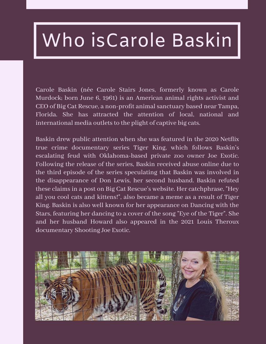 Biography template: Carole Baskin Biography (Created by Visual Paradigm Online's Biography maker)