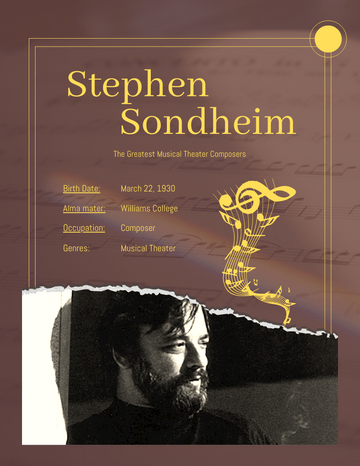 Biography 模板。Stephen Sondheim Biography (由 Visual Paradigm Online 的Biography软件制作)