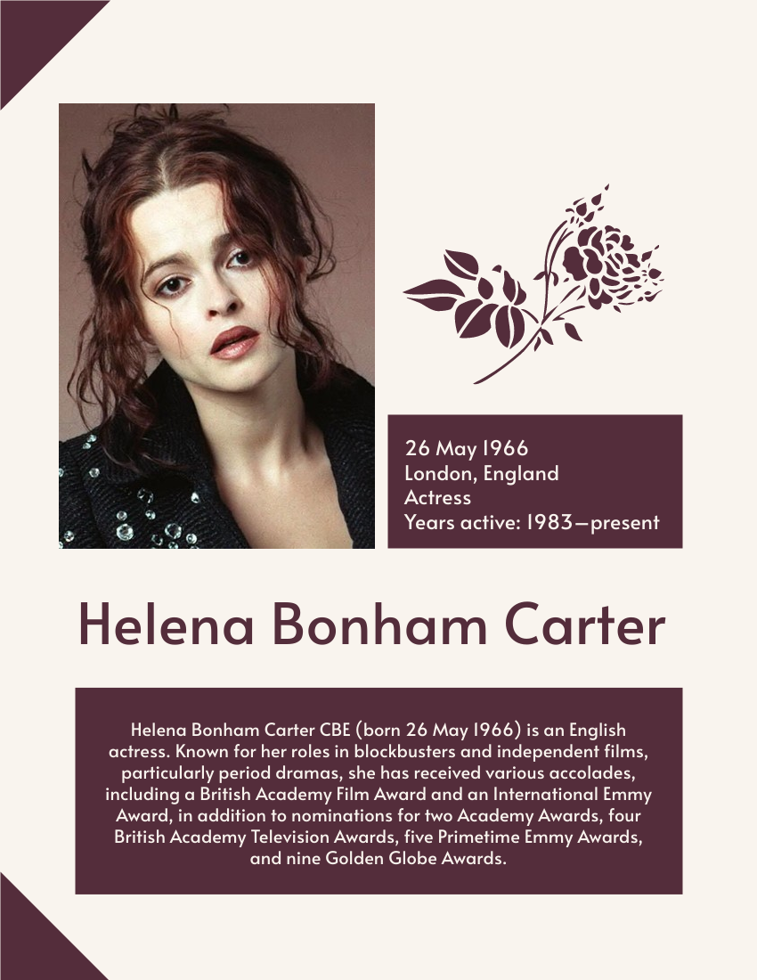 Biography 模板。 Helena Bonham Carter Biography (由 Visual Paradigm Online 的Biography軟件製作)