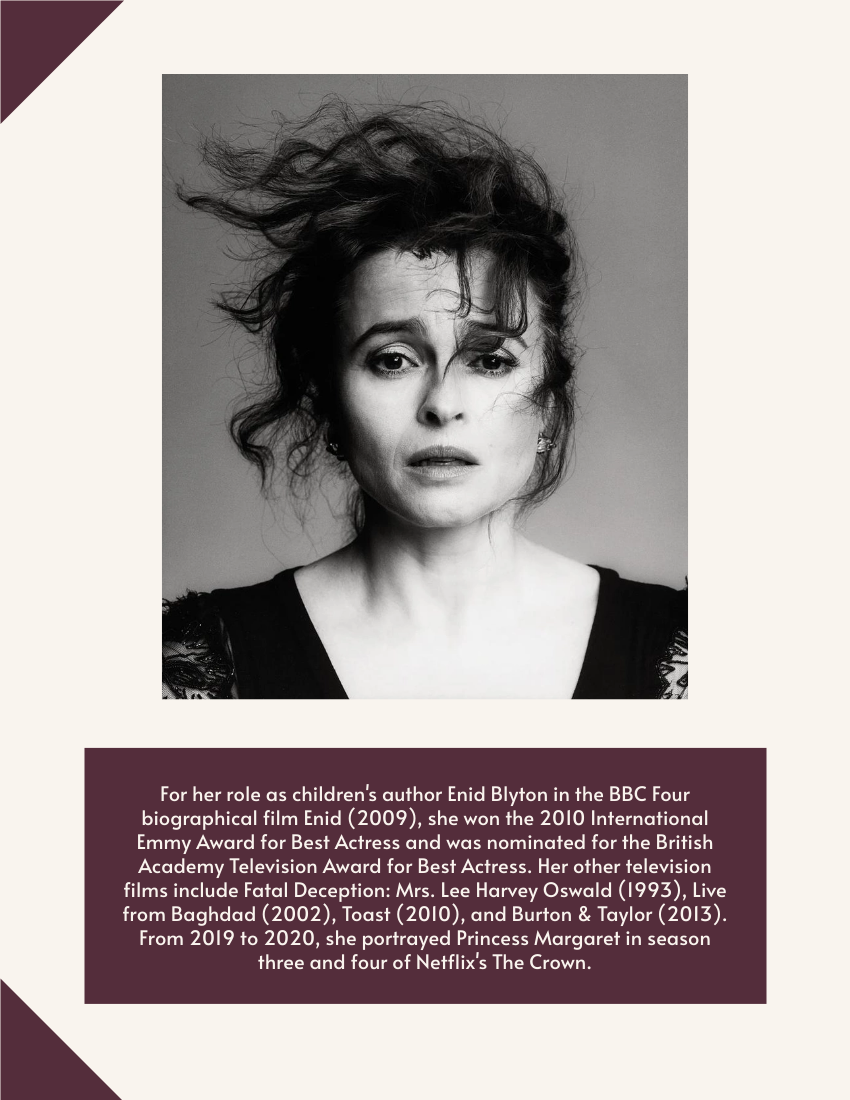 Biography 模板。Helena Bonham Carter Biography (由 Visual Paradigm Online 的Biography软件制作)