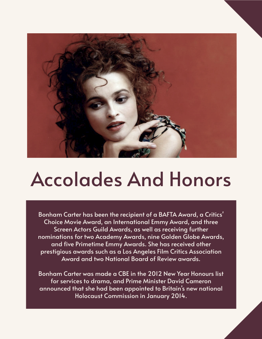 Biography 模板。 Helena Bonham Carter Biography (由 Visual Paradigm Online 的Biography軟件製作)