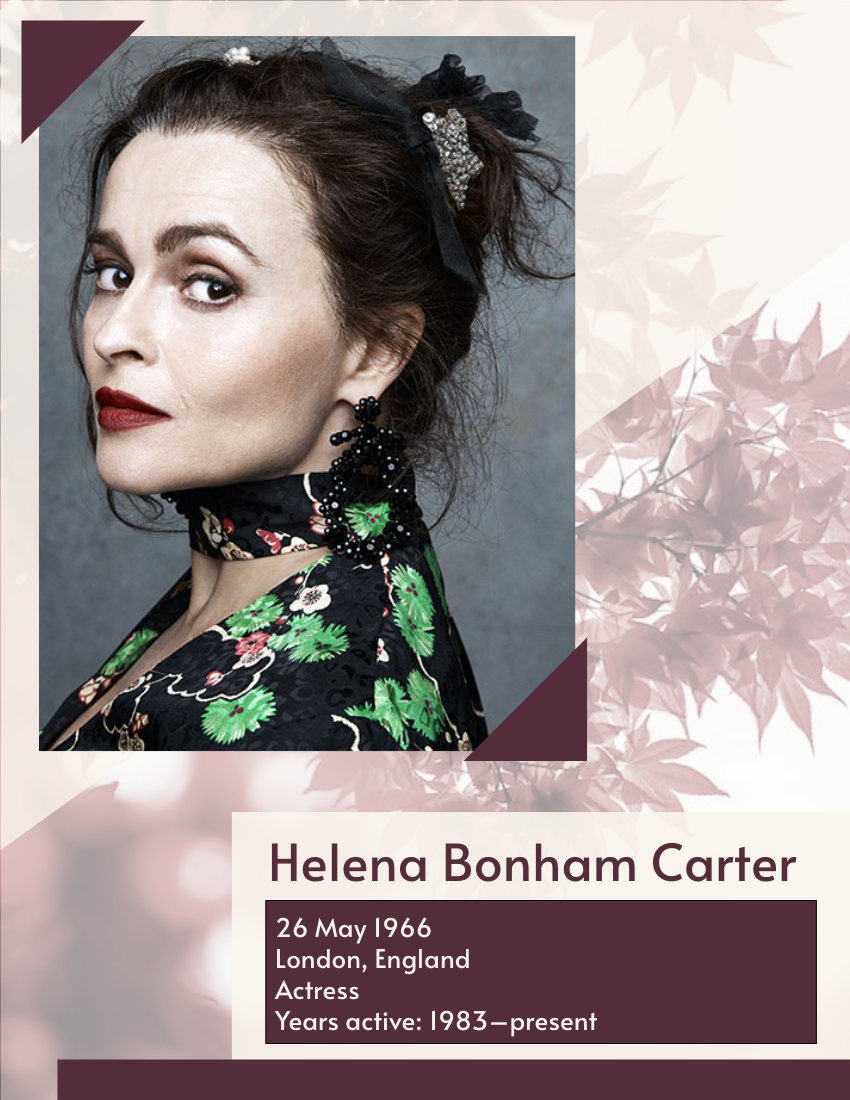 Biography template: Helena Bonham Carter Biography (Created by Visual Paradigm Online's Biography maker)