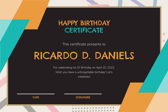 Editable certificates template:Orange And Blue Blackboard Birthday Celebration Certificate