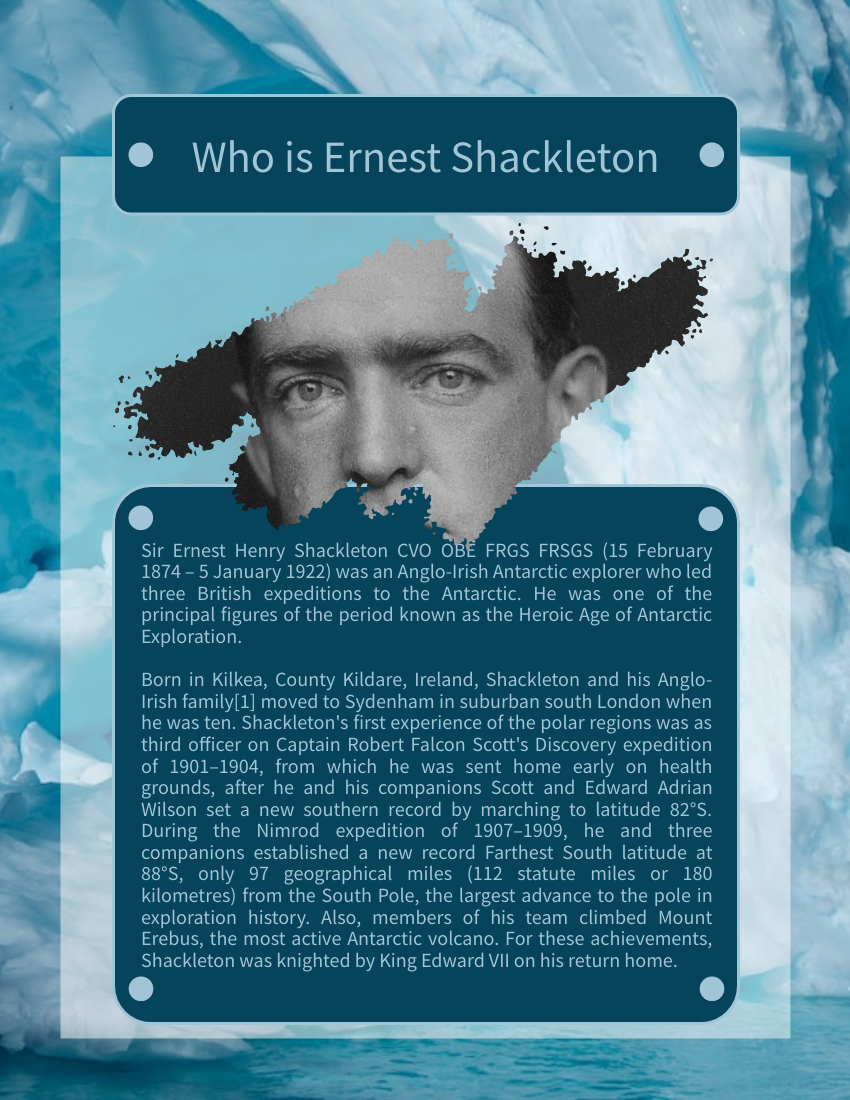 Biography 模板。 Ernest Shackleton Biography (由 Visual Paradigm Online 的Biography軟件製作)