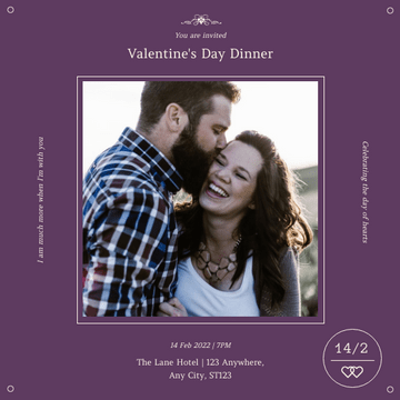 Editable invitations template:Purple Minimal Photo Square Valentines Dinner Invitation