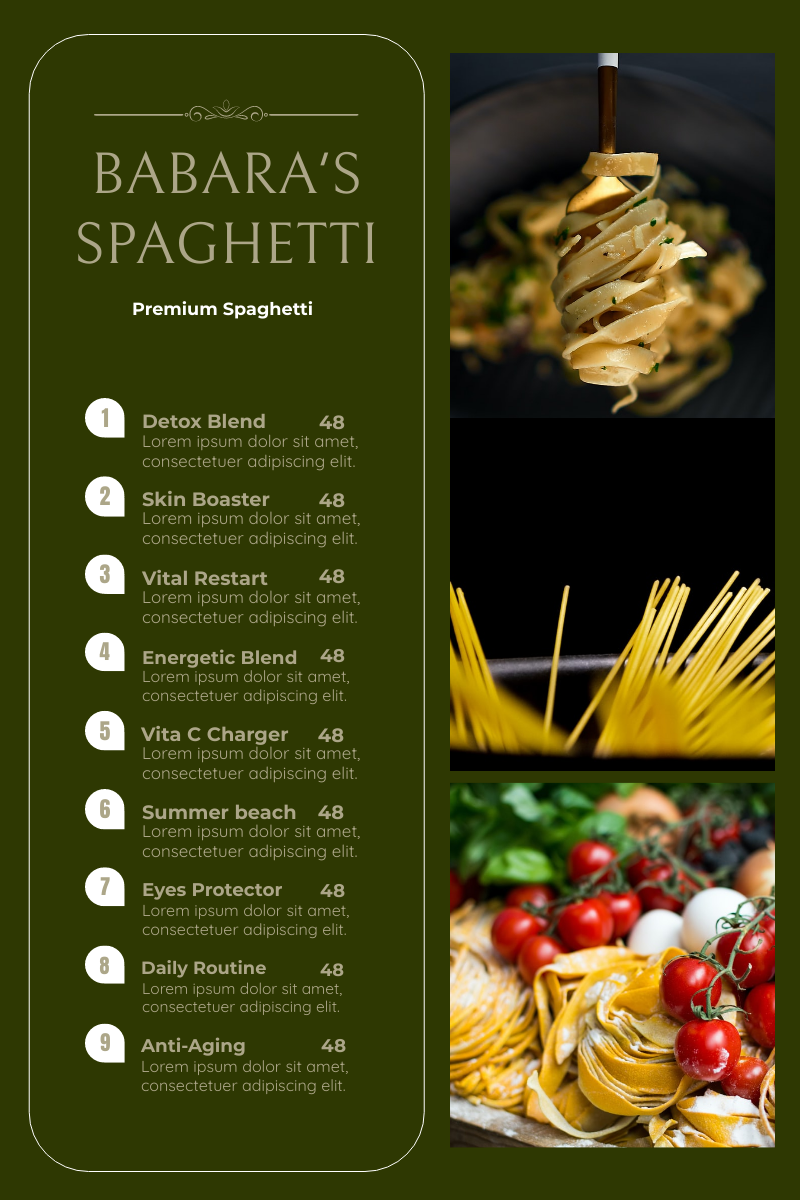 Menu template: Green Spaghetti Photos Grand Restaurant Menu (Created by InfoART's Menu maker)