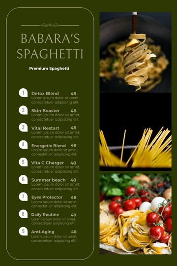 Menu template: Green Spaghetti Photos Grand Restaurant Menu (Created by Visual Paradigm Online's Menu maker)