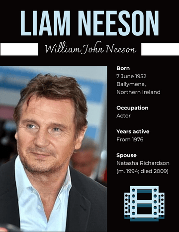 Biography 模板。 Liam Neeson Biography (由 Visual Paradigm Online 的Biography軟件製作)