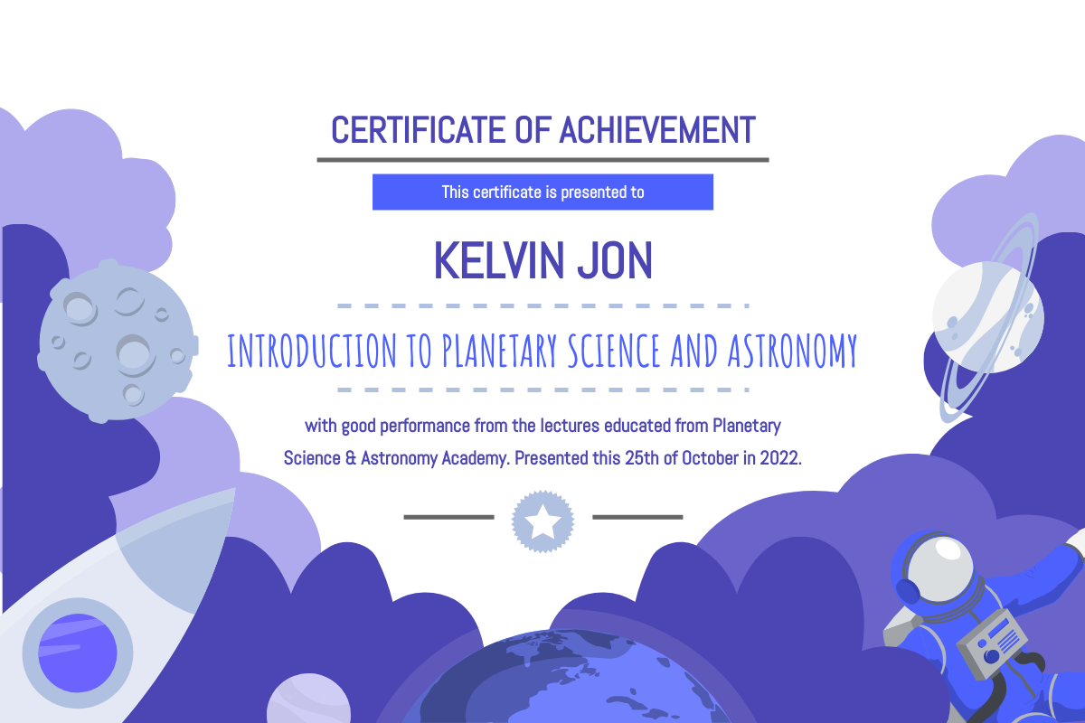 Certificate template: Planetary Science Education Certificate (Created by InfoART's Certificate maker)