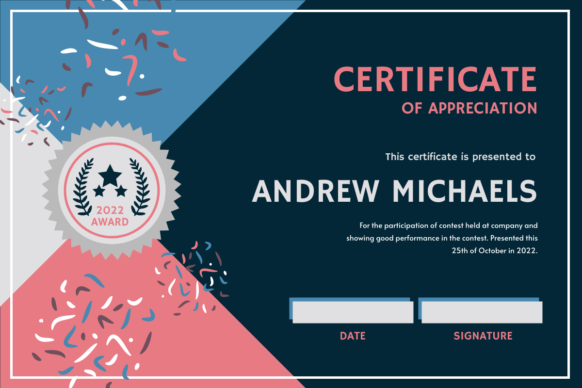 Certificate template: Pink And Blue Triangles Confetti Celebration Certificate (Created by Visual Paradigm Online's Certificate maker)