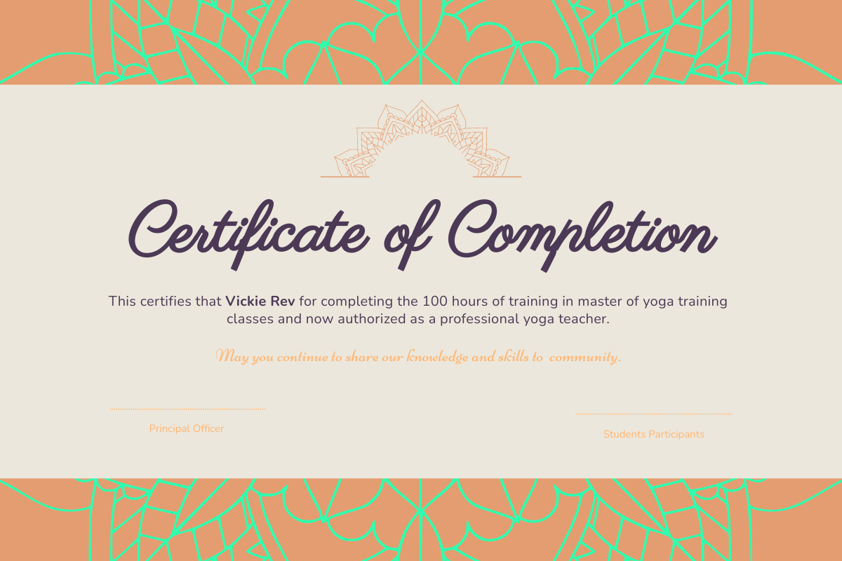 Certificate template: Yoga Certificate (Created by Visual Paradigm Online's Certificate maker)